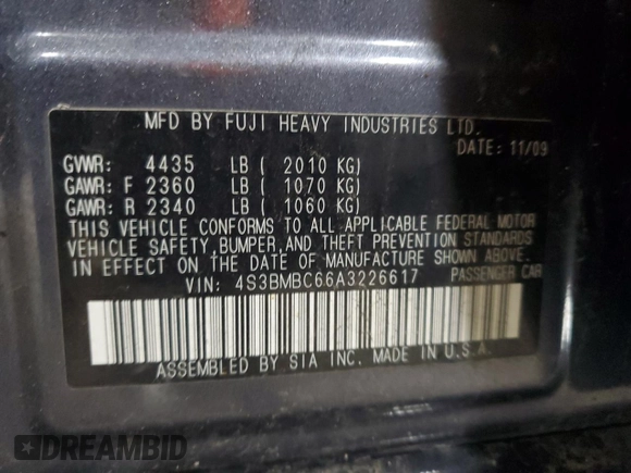 2010 Subaru Legacy Premium All-Weather Anniversary with VIN 4S3BMBC66A3226617, listed as a Copart auction lot 64266075 with 168,137 mi miles and Clean title. Bid and sale history available at DreamBid. Image 12.