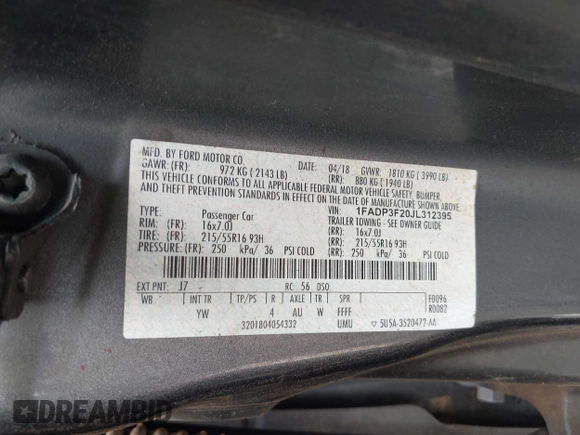 2018 Ford Focus SE with VIN 1FADP3F20JL312395, listed as a IAAI auction lot 42110335 with 110,720 mi miles and . Bid and sale history available at DreamBid. Image 9.