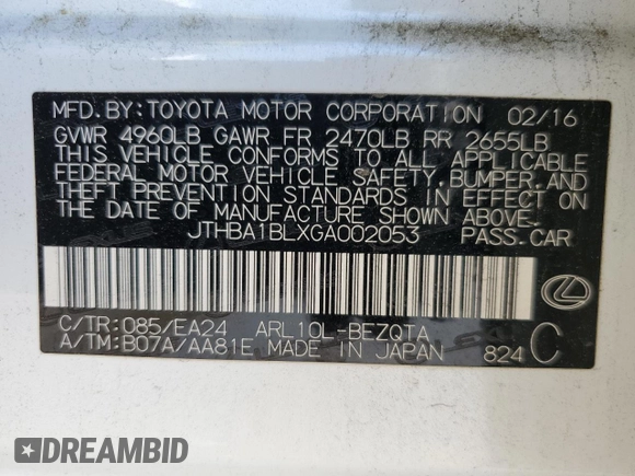 2016 Lexus GS 200t with VIN JTHBA1BLXGA002053, listed as a Copart auction lot 61637355 with 153,757 mi miles and Salvage title. Bid and sale history available at DreamBid. Image 13.