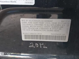 2012 Volkswagen CC Lux PZEV with VIN WVWHP7ANXCE513619, listed as a IAAI auction lot 41476949 with 254,162 mi miles. Bid and sale history available at carsss.com. Image 9.