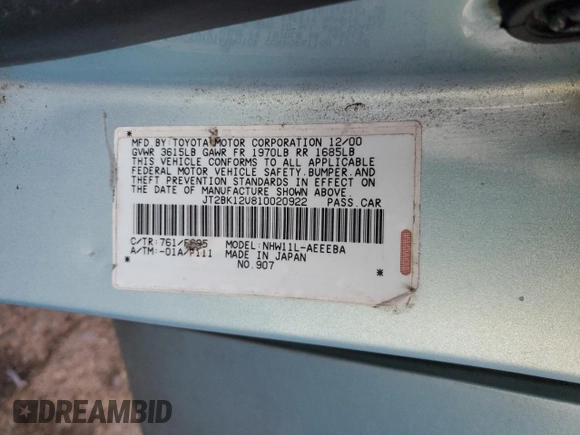 2001 Toyota Prius with VIN JT2BK12U810020922, listed as a Copart auction lot 41644535 with 0 mi miles and Salvage Title. Bid and sale history available at carsss.com. Image 12.