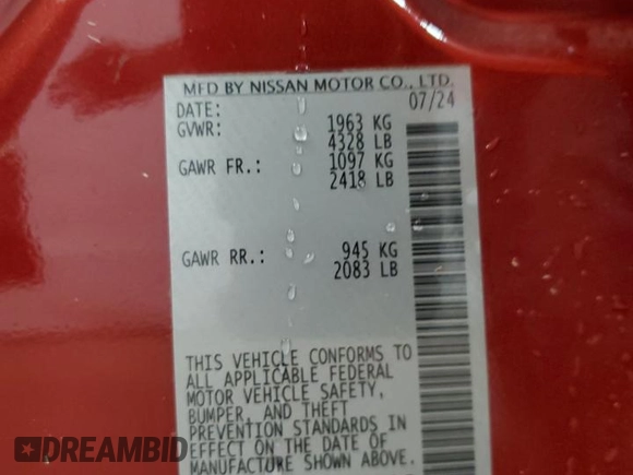 2025 Nissan Altima SV with VIN 1N4BL4DV5SN300593, listed as a Copart auction lot 52999825 with Not Provided miles and Clean Title. Bid and sale history available at DreamBid. Image 12.