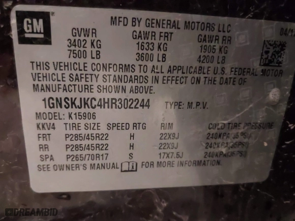 2017 Chevrolet Suburban Premier with VIN 1GNSKJKC4HR302244, listed as a IAAI auction lot 40850765 with 180,694 mi miles. Bid and sale history available at carsss.com. Image 9.
