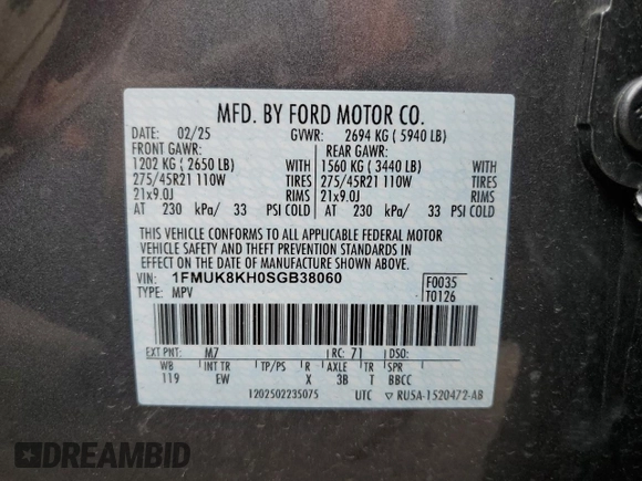 2025 Ford Explorer ST-Line with VIN 1FMUK8KH0SGB38060, listed as a Copart auction lot 61137525 with 10,970 mi miles and Salvage title. Bid and sale history available at DreamBid. Image 14.
