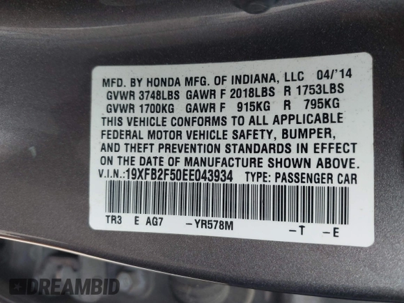 2014 Honda Civic Sedan LX with VIN 19XFB2F50EE043934, listed as a IAAI auction lot 41923868 with 185,922 mi miles. Bid and sale history available at carsss.com. Image 9.
