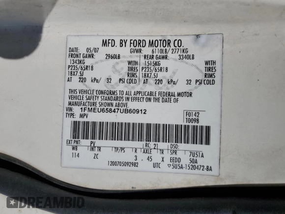 2007 Ford Explorer Limited with VIN 1FMEU65847UB60912, listed as a Copart auction lot 45400465 with 190,875 mi miles and Salvage title. Bid and sale history available at DreamBid. Image 13.
