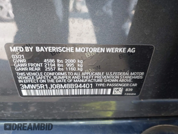 2021 BMW 3 Series 330i z VIN 3MW5R1J08M8B94401, wystawiony jako IAAI lot #41760747 z przebiegiem Nie podano mil oraz . Historia ofert i sprzedaży dostępna na DreamBid. Obrazek 9.