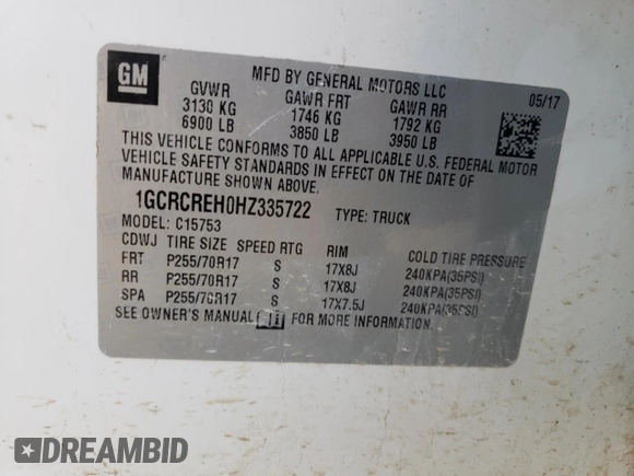 2017 Chevrolet Silverado 1500 LT with VIN 1GCRCREH0HZ335722, listed as a Copart auction lot 75207534 with 187,525 mi miles and Clean Title. Bid and sale history available at DreamBid. Image 12.