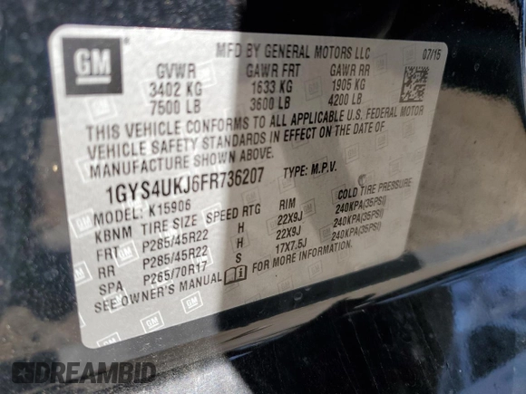 2015 Cadillac Escalade ESV Platinum z VIN 1GYS4UKJ6FR736207, wystawiony jako Copart lot #47637885 z przebiegiem 95 629 mil mil oraz Szkoda całkowita • Salvage title. Historia ofert i sprzedaży dostępna na DreamBid. Obrazek 16.