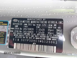2021 Kia Telluride SX with VIN 5XYP5DHC1MG125062, listed as a IAAI auction lot 42412717 with Not provided miles and . Bid and sale history available at DreamBid. Image 9.