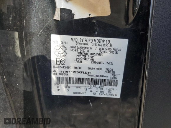 2013 Ford F-150 XL with VIN 1FTMF1EM2DKF82341, listed as a Copart auction lot 79091004 with 185,594 mi miles and Non Repairable. Bid and sale history available at DreamBid. Image 13.