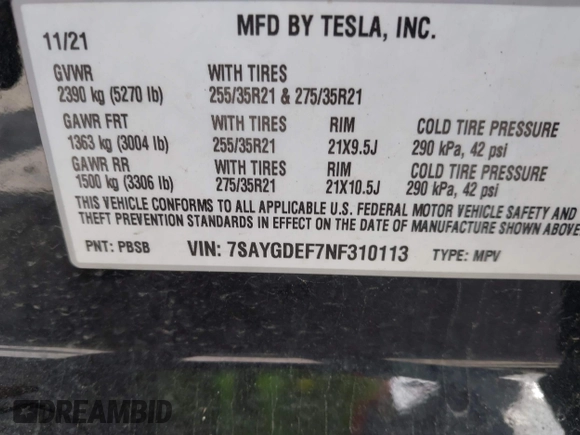 2022 Tesla Model Y Performance with VIN 7SAYGDEF7NF310113, listed as a IAAI auction lot 42038407 with 46,052 mi miles and . Bid and sale history available at DreamBid. Image 9.