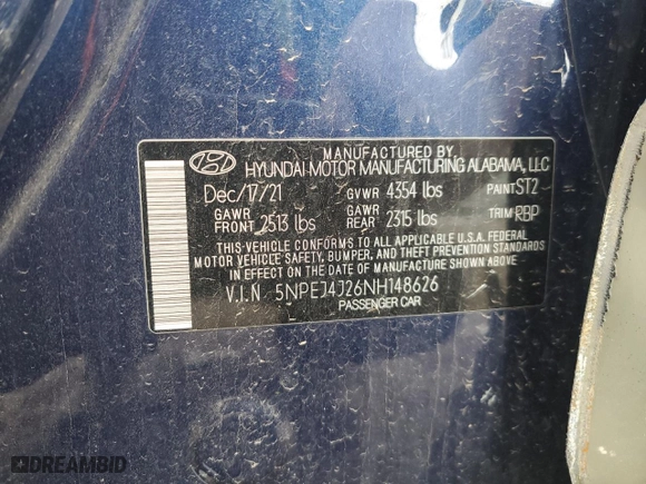 2022 Hyundai Sonata SEL Plus with VIN 5NPEJ4J26NH148626, listed as a Copart auction lot 51487385 with 0 mi miles and Clean Title. Bid and sale history available at carsss.com. Image 12.