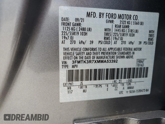 2021 Ford Mustang Mach-E Premium с VIN 3FMTK3R7XMMA53392, выставлен на аукционе Copart как лот 55447215 с пробегом 45 094 миль миль и Списание • Salvage title. История ставок и продаж доступна на DreamBid. Изображение 12.