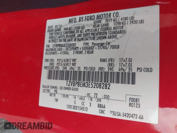 2014 Ford Mustang V6 with VIN 1ZVBP8EM3E5208282, listed as a IAAI auction lot 42104971 with Not Provided miles. Bid and sale history available at carsss.com. Image 9.