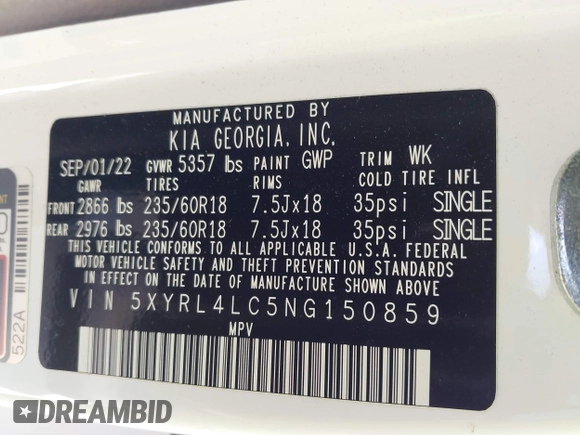 2022 Kia Sorento S with VIN 5XYRL4LC5NG150859, listed as a IAAI auction lot 41648364 with 57,911 mi miles. Bid and sale history available at carsss.com. Image 9.