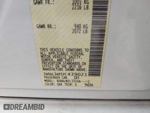 2015 Nissan Altima SV z VIN 1N4AL3AP1FC439021, wystawiony jako IAAI lot #42027354 z przebiegiem 96 729 mil mil oraz . Historia ofert i sprzedaży dostępna na DreamBid. Obrazek 9.