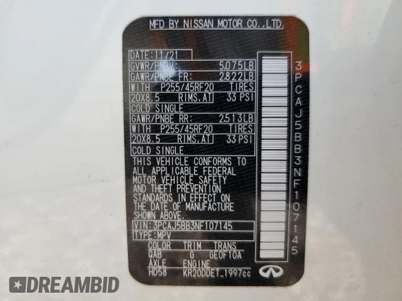 2022 Infiniti QX50 Luxe with VIN 3PCAJ5BB3NF107145, listed as a Copart auction lot 70091034 with 35,513 mi miles and Salvage title. Bid and sale history available at DreamBid. Image 15.