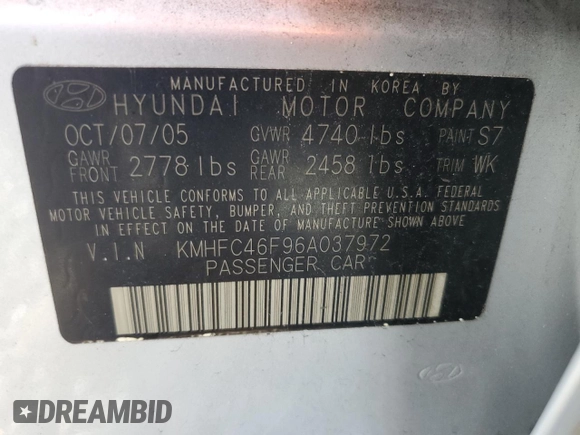 2006 Hyundai Azera SE with VIN KMHFC46F96A037972, listed as a Copart auction lot 61035765 with 140,857 mi miles and Salvage title. Bid and sale history available at DreamBid. Image 12.