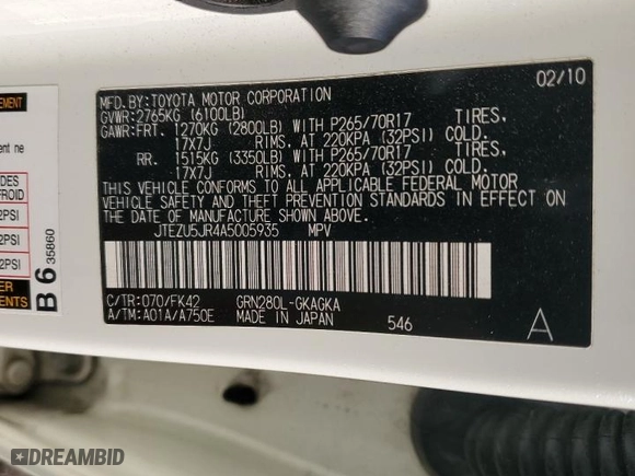 2010 Toyota 4Runner SR5 with VIN JTEZU5JR4A5005935, listed as a Copart auction lot 44055415 with 258,895 mi miles and Salvage Title. Bid and sale history available at carsss.com. Image 13.