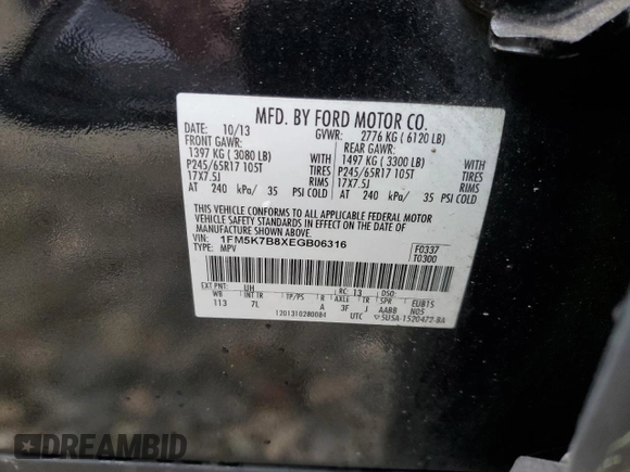 2014 Ford Explorer with VIN 1FM5K7B8XEGB06316, listed as a Copart auction lot 55612715 with 137,298 mi miles and Salvage title. Bid and sale history available at DreamBid. Image 14.