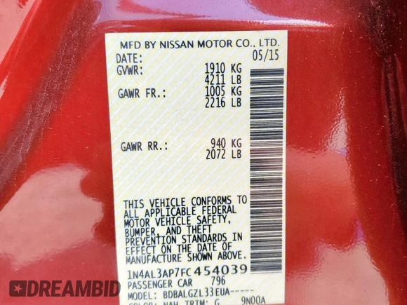2015 Nissan Altima 2.5 with VIN 1N4AL3AP7FC454039, listed as a Copart auction lot 58498365 with 145,919 mi miles and Salvage title. Bid and sale history available at DreamBid. Image 12.