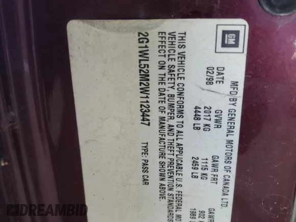 1998 Chevrolet Lumina LS with VIN 2G1WL52M2W1123447, listed as a Copart auction lot 79516084 with 265,125 mi miles and Salvage Title. Bid and sale history available at DreamBid. Image 12.