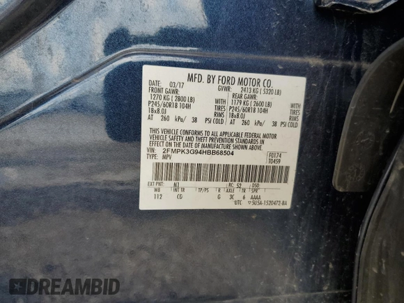 2017 Ford Edge SE with VIN 2FMPK3G94HBB68504, listed as a Copart auction lot 62898565 with 127,637 mi miles and Salvage title. Bid and sale history available at DreamBid. Image 13.