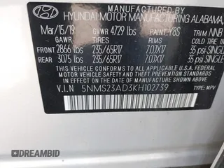 2019 Hyundai Santa Fe SE with VIN 5NMS23AD3KH102739, listed as a IAAI auction lot 42097252 with 116,023 mi miles and . Bid and sale history available at DreamBid. Image 9.