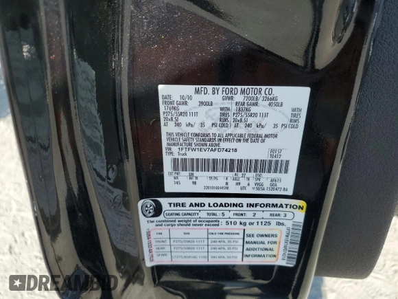 2010 Ford F-150 XL with VIN 1FTFW1EV7AFD74218, listed as a Copart auction lot 61984735 with 173,577 mi miles and Salvage title. Bid and sale history available at DreamBid. Image 12.