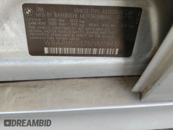 2011 BMW 3 Series 328i с VIN WBAPH5G52BNM78431, выставлен на аукционе Copart как лот 62295514 с пробегом 161 162 миль миль и Списание • Salvage title. История ставок и продаж доступна на DreamBid. Изображение 12.
