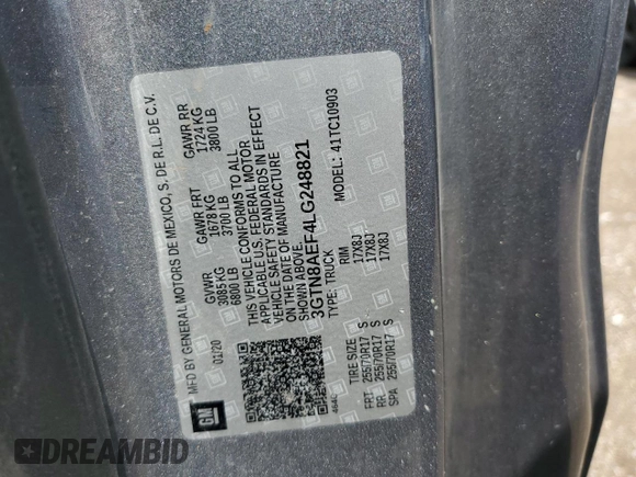 2020 GMC Sierra 1500 with VIN 3GTN8AEF4LG248821, listed as a Copart auction lot 50702345 with 62,850 mi miles and Salvage Title. Bid and sale history available at DreamBid. Image 13.