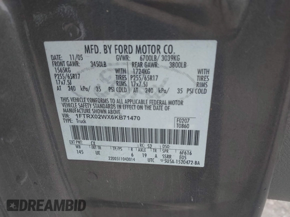 2006 Ford F-150 STX with VIN 1FTRX02WX6KB71470, listed as a IAAI auction lot 41402316 with 168,323 mi miles and . Bid and sale history available at DreamBid. Image 9.
