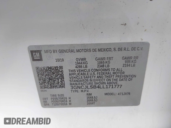 2020 Chevrolet Trax LT with VIN 3GNCJLSB4LL171777, listed as a IAAI auction lot 41789393 with 39,130 mi miles and . Bid and sale history available at DreamBid. Image 9.