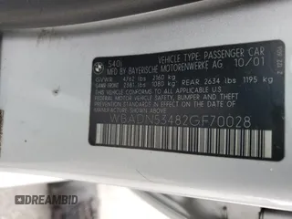 2002 BMW 5 Series 540i z VIN WBADN53482GF70028, wystawiony jako Copart lot #58442645 z przebiegiem 171 370 mil mil oraz Szkoda całkowita • Salvage title. Historia ofert i sprzedaży dostępna na DreamBid. Obrazek 12.
