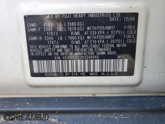 2010 Subaru Outback Premium with VIN 4S4BRCEC2A3348946, listed as a Copart auction lot 75907244 with 133,226 mi miles and Salvage title. Bid and sale history available at DreamBid. Image 14.