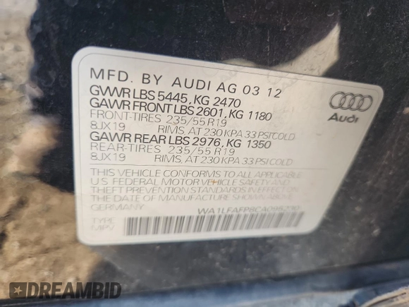 2012 Audi Q5 Premium Plus z VIN WA1LFAFP8CA095230, wystawiony jako Copart lot #63712875 z przebiegiem 116 183 mil mil oraz Czysty tytuł • Clean title. Historia ofert i sprzedaży dostępna na DreamBid. Obrazek 13.