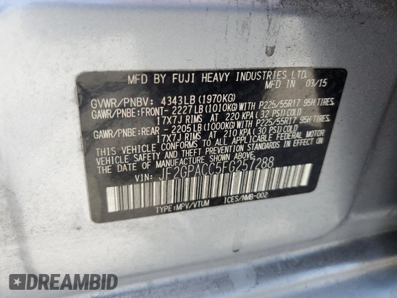 2015 Subaru Crosstrek Premium with VIN JF2GPACC5FG257288, listed as a Copart auction lot 53554325 with 92,880 mi miles and Salvage title. Bid and sale history available at DreamBid. Image 14.