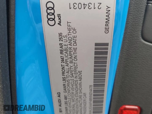 2022 Audi A4 S line Premium Plus z VIN WAUEAAF48NN014478, wystawiony jako Copart lot #51677755 z przebiegiem 56 981 mil mil oraz Szkoda całkowita • Salvage title. Historia ofert i sprzedaży dostępna na DreamBid. Obrazek 14.