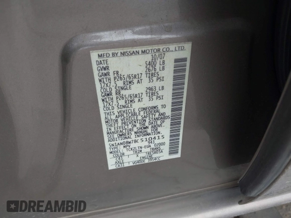 2008 Nissan Xterra X z VIN 5N1AN08W78C510415, wystawiony jako IAAI lot #42204512 z przebiegiem 165 437 mil mil oraz . Historia ofert i sprzedaży dostępna na DreamBid. Obrazek 9.