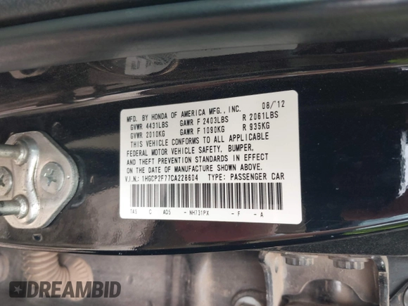 2012 Honda Accord EX with VIN 1HGCP2F77CA228604, listed as a IAAI auction lot 41914130 with 167,764 mi miles and . Bid and sale history available at DreamBid. Image 9.