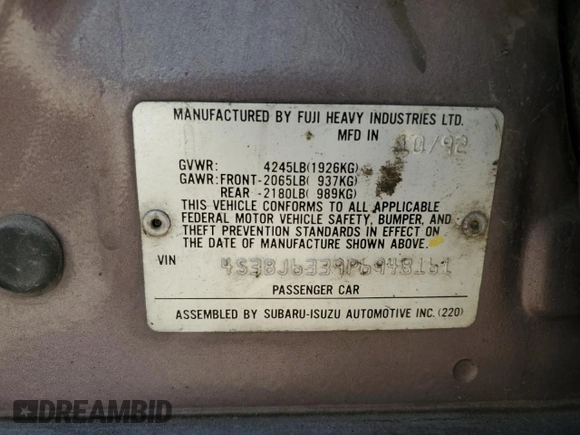 1993 Subaru Legacy L with VIN 4S3BJ6339P6948161, listed as a Copart auction lot 63123584 with 329,619 mi miles and Salvage Title. Bid and sale history available at DreamBid. Image 14.