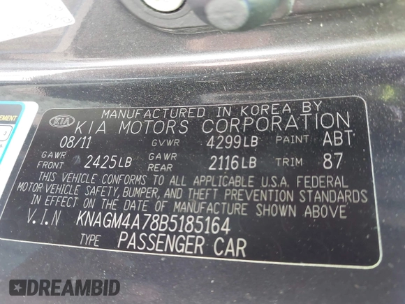 2011 Kia Optima LX with VIN KNAGM4A78B5185164, listed as a IAAI auction lot 41999846 with 216,008 mi miles and . Bid and sale history available at carsss.com. Image 9.