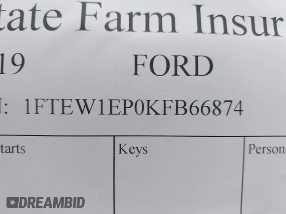 2019 Ford F-150 XL with VIN 1FTEW1EP0KFB66874, listed as a IAAI auction lot 40695024 with 1 mi miles. Bid and sale history available at carsss.com. Image 9.