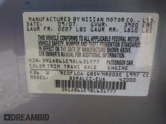 2008 Nissan Sentra S with VIN 3N1AB61E98L631777, listed as a IAAI auction lot 42157391 with 168,331 mi miles and . Bid and sale history available at DreamBid. Image 9.