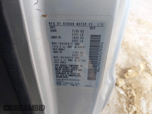2013 Nissan NV200 SV with VIN 3N6CM0KN1DK692341, listed as a IAAI auction lot 42425875 with 100,986 mi miles and . Bid and sale history available at DreamBid. Image 9.