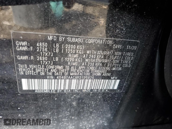 2024 Subaru Outback with VIN 4S4BTAACXR3196826, listed as a Copart auction lot 46057585 with 12,655 mi miles and Salvage title. Bid and sale history available at DreamBid. Image 12.
