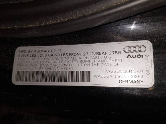 2012 Audi A6 Premium Plus with VIN WAUGGAFC5CN130863, listed as a IAAI auction lot 41327619 with 172,594 mi miles and . Bid and sale history available at DreamBid. Image 9.