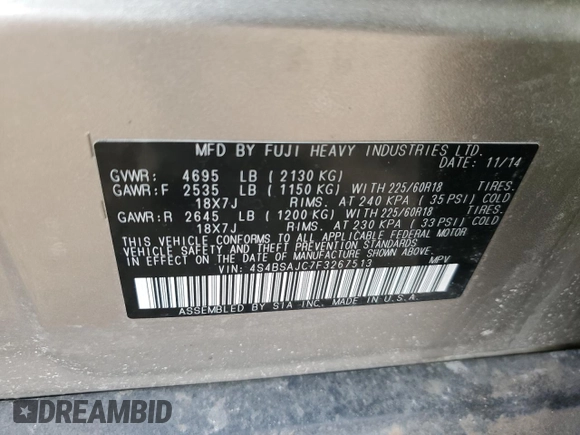2015 Subaru Outback Limited with VIN 4S4BSAJC7F3267513, listed as a Copart auction lot 49115675 with 185,834 mi miles and Salvage Title. Bid and sale history available at DreamBid. Image 14.