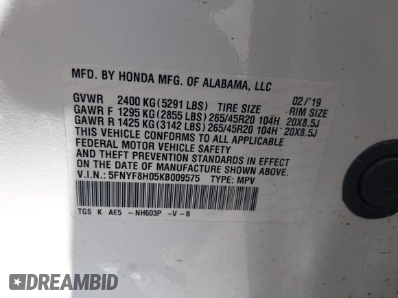 2019 Honda Passport Elite z VIN 5FNYF8H05KB009575, wystawiony jako IAAI lot #42804678 z przebiegiem 70 468 mil mil oraz . Historia ofert i sprzedaży dostępna na DreamBid. Obrazek 9.
